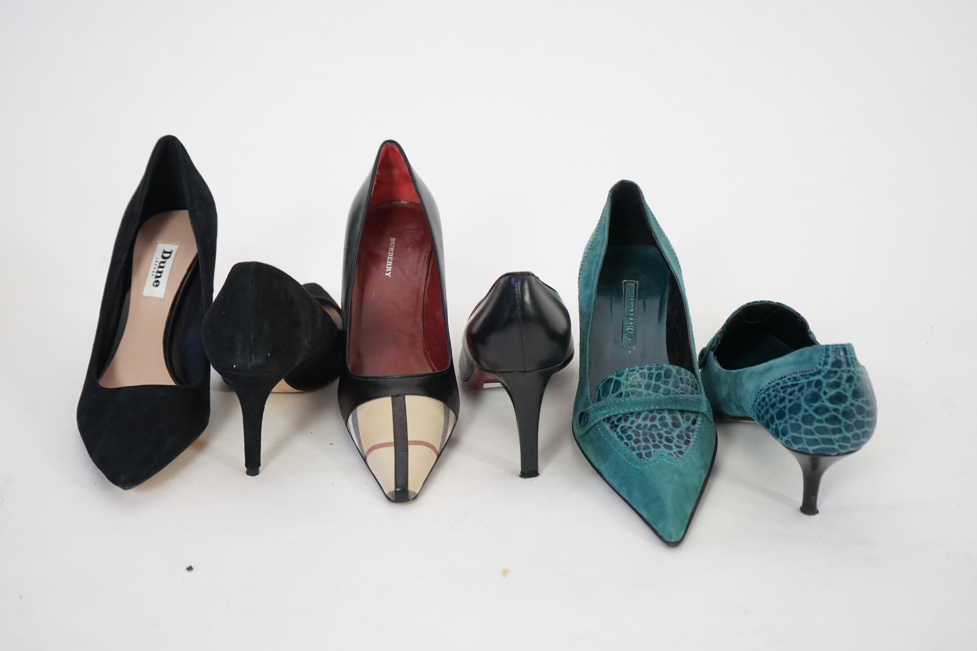 A pair of Burberry lady's black heeled pumps with tartan canvas toe detail, a pair of unworn Dune black suede heeled pumps, a pair of teal suede and mock croc leather detail kitten heeled pumps. Three pairs in total. Siz